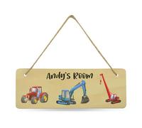 Print Maniacs Door Wall Hanging Personalised Bedroom Sign Kids Child Children's Room Home Dinosaur Trucks Decoration Gift Own Name (Diggers)