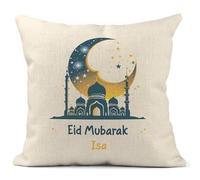 Print Maniacs Eid Mubarak Cushion Cover with Personalised Name - Ramadan & Eid Islamic Home Decor Throw Pillow Case - Muslim Gift for Eid al-Fitr & Eid al-Adha - Crescent Moon Mosque Design