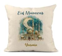 Print Maniacs Eid Mubarak Personalised Cushion - Personalised Islamic Home Decor Pillow Case - Muslim Gift for Eid al-Fitr Eid al-Adha - Decorative Throw Cushion for Living Room Bedroom
