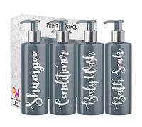 Print Maniacs Grey Mrs Hinch Inspired Personalised 500ml Pump Bottles Bathroom Set Shampoo Conditioner Body Wash Bath Soak (White)