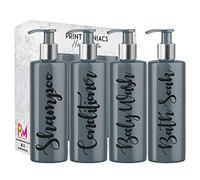 Print Maniacs Grey Mrs Hinch Inspired Personalised 500ml Pump Bottles Bathroom Set Shampoo Conditioner Body Wash Bath Soak (Black)