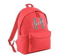 Print Maniacs Personalised Any Name Large 18L Kids Travel Backpack Junior Shoulder Collage Rucksack School Lunch Swimming P.E Laptop Book Bag (Coral, Teal/White)