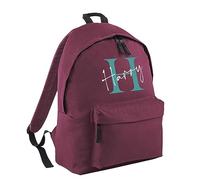 Print Maniacs Personalised Any Name Large 18L Kids Travel Backpack Junior Shoulder Collage Rucksack School Lunch Swimming P.E Laptop Book Bag (Burgundy, Pink/White Text)