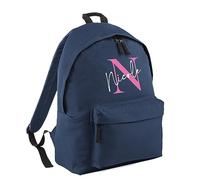 Print Maniacs Personalised Any Name Large 18L Kids Travel Backpack Junior Shoulder Collage Rucksack School Lunch Swimming P.E Laptop Book Bag (Navy, Pink/White Text)