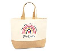 Print Maniacs Personalised Rainbow Bag Custom Name Tote Gift For Teacher Nursery Assistant School Staff Appreciation Gift End Of Year Thank You Teacher Present Canvas Jute Shopping Bag