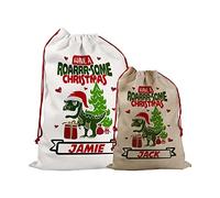 Print Maniacs Personalised Santa Sack Father Christmas Bag Present Xmas Stocking Gift Elf Secret Special Delivery Naughty Nice Kids Children Dinosaur T Rex Kids Xmas Boy Gift Roarsome