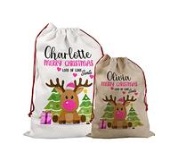 Print Maniacs Personalised Santa Sack Father Christmas Bag Present Xmas Stocking Gift Elf Secret Special Delivery Naughty Nice Kids Children Presents Gifts Fun Pink Rudolph Reindeer