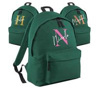 Print Maniacs Personalised School Backpack Large 18L Kids Travel Rucksack Junior Shoulder Collage Rucksack Back To School Lunch Swimming P.E Laptop Book Bag Initial Name (Bottle Green, 18 Litre)