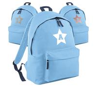 Print Maniacs Personalised School Backpack Large 18L Kids Travel Rucksack Junior Shoulder Collage Rucksack Back To School Lunch Swimming P.E Laptop Book Bag Star (Sky Blue)