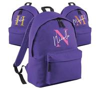 Print Maniacs Personalised School Backpack Large 18L Kids Travel Rucksack Junior Shoulder Collage Rucksack Back To School Lunch Swimming P.E Laptop Book Bag Initial Name (Purple, 18 Litre)
