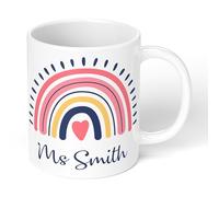 Print Maniacs Personalised Teacher Mug with Name - Rainbow Design - Custom Name Coffee Cup - 11oz Ceramic Mug - Gift for Teacher, Teaching Assistant, School, Nursery, End of Term, Thank You Gift