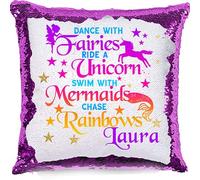 Print Maniacs PERSONALISED Unicorn Sequin Cushion Cover Magic Reveal Pink Birthday Black Blue Gold Red Silver