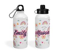 Print Maniacs Personalised Water Bottle School Sport Cap Drink White Silver 600ml or 400ml Aluminium Kid Boys Girls Biking Gift Be A Rainbow (White, 600ml)