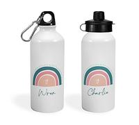 Print Maniacs Personalised Water Bottle School Sport Cap Drink White Silver 600ml or 400ml Aluminium Kid Boys Girls Biking Gift Boho Rainbow (White, 600ml)