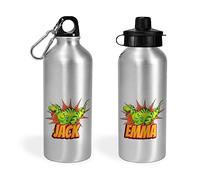 Print Maniacs Personalised Water Bottle School Sport Cap Drink White Silver 600ml or 400ml Aluminium Kid Boys Girls Biking Gift Dinosaur Hear Me Roar (Silver, 600ml)