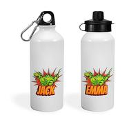 Print Maniacs Personalised Water Bottle School Sport Cap Drink White Silver 600ml or 400ml Aluminium Kid Boys Girls Biking Gift Dinosaur Hear Me Roar (White, 600ml)