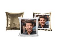 Print Maniacs Tom Cruise Celebrity Movies Birthday Christmas Reversible Face Sequin Pillow Cushion (Cover + Filling) (Gold)