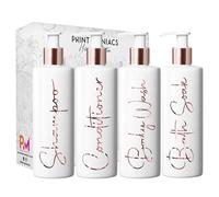 Print Maniacs White Mrs Hinch Inspired Personalised 500ml Bottles Bathroom Lotion Kitchen Shampoo Conditioner Rose Gold Pump (Set 4, F2) (Rose Gold)