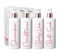 Print Maniacs White Mrs Hinch Inspired Personalised 500ml Bottles Bathroom Lotion Kitchen Shampoo Conditioner Rose Gold Pump (Set 4, F2) (Pink)