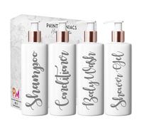 Print Maniacs White Mrs Hinch Inspired Personalised 500ml Bottles Bathroom Lotion Kitchen Shampoo Conditioner Rose Gold Pump (Shower Gel Set) (Grey)