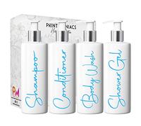 Print Maniacs White Mrs Hinch Inspired Personalised 500ml Pump Bottles Bathroom Lotion Kitchen Set Shampoo Conditioner ( Shower Gel Set, F2 ) (Baby Blue)