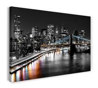 Print on Canvas (100x70 cm) American photography, Brooklyn Bridge at night - bright skyline, USA, real wood frame with hook