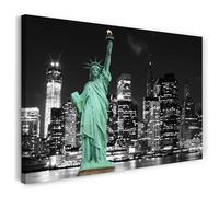 Print on Canvas (100x70 cm) Statue of Liberty America, New York at night, skyscrapers - USA photography, real wood frame with hook