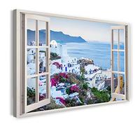 Print on Canvas (100x70 cm) view from the window - Greece white buildings cliffs on the sea - nature photography, real wood frame with hook