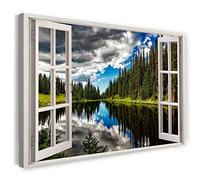 Print on Canvas (100x70 cm) view from the window - lake reflection coniferous forest nature - nature photography, real wood frame with hook