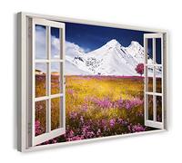 Print on Canvas (100x70 cm) view from the window - mountain meadow flowers snow summer nature - nature photography, real wood frame with hook