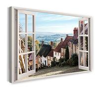 Print on Canvas (100x70 cm) view from the window - old country houses in summer - nature photography, real wood frame with hook