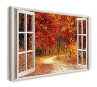 Print on Canvas (100x70 cm) view from the window - path in the forest nature autumn leaves - nature photography, real wood frame with hook