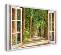 Print on Canvas (100x70 cm) view from the window - path in the forest trees sun plants - nature photography, real wood frame with hook