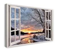 Print on Canvas (100x70 cm) view from the window - river landscape winter sunset nature - nature photography, real wood frame with hook