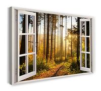 Print on Canvas (100x70 cm) view from the window - sun rays forest nature fog - nature photography, real wood frame with hook