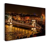 Print on Canvas (120x80 cm) city at night, lights of the Budapest bridge, warm colors, architecture photo, real wood frame with hook
