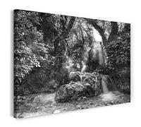 Print on Canvas (120x80 cm) forest, river, natural plants, water, black and white, nature photo, real wood frame with hook