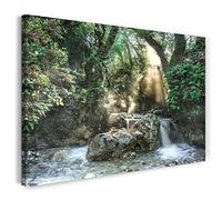 Print on Canvas (120x80 cm) forest, river, natural plants, water, cold colors, nature photos, real wood frame with hook