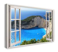 Print on Canvas (120x80 cm) view from the window - bay cliffs sea beach vacation - nature photography, real wood frame with hook