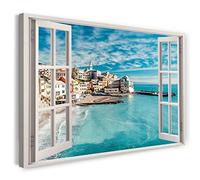 Print on Canvas (120x80 cm) view from the window - city by the sea Italy blue holidays - nature photography, real wood frame with hook