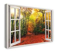 Print on Canvas (120x80 cm) View from the window - Colorful Forest Autumn Sun Nature Path - Nature photography, real wood frame with hook