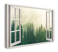 Print on Canvas (120x80 cm) view from the window - forest fog conifers nature - nature photography, real wood frame with hook