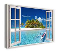 Print on Canvas (120x80 cm) view from the window - island palm trees holiday sea beach - nature photography, real wood frame with hook
