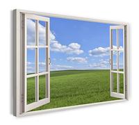 Print on Canvas (120x80 cm) view from the window - meadow windows sky natural landscape - nature photography, real wood frame with hook