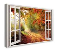 Print on Canvas (120x80 cm) view from the window - path in the forest autumn leaves trees nature - nature photography, real wood frame with hook