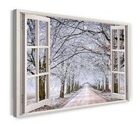 Print on Canvas (120x80 cm) view from the window - path trees winter snow nature - nature photography, real wood frame with hook