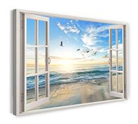 Print on Canvas (120x80 cm) view from the window - sea gulls birds nature sun - nature photography, real wood frame with hook