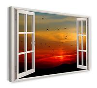Print on Canvas (120x80 cm) view from the window - sunset birds nature south - nature photography, real wood frame with hook