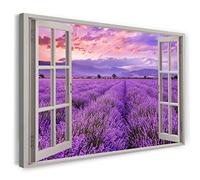 Print on Canvas (120x80 cm) View from the window - Sunset Flowers Purple Field - Nature photography, real wood frame with hook