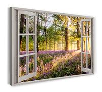 Print on Canvas (120x80 cm) view from the window - sunset light in the forest - nature photography, real wood frame with hook